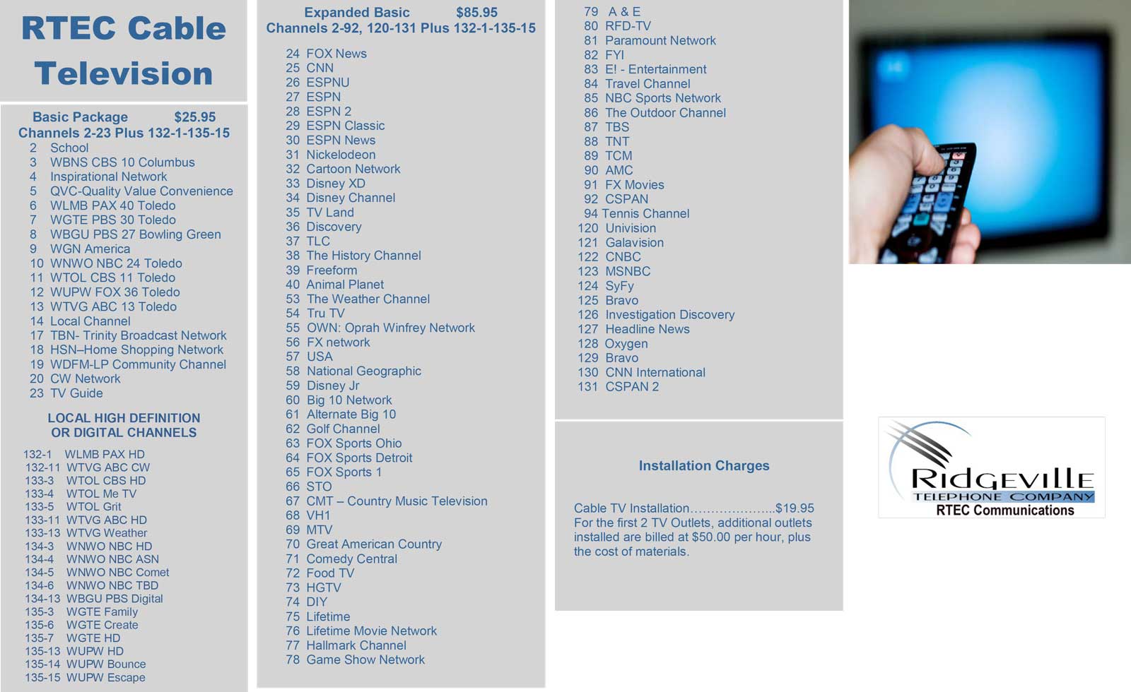 Cable Television Lineup Ridgeville Telephone